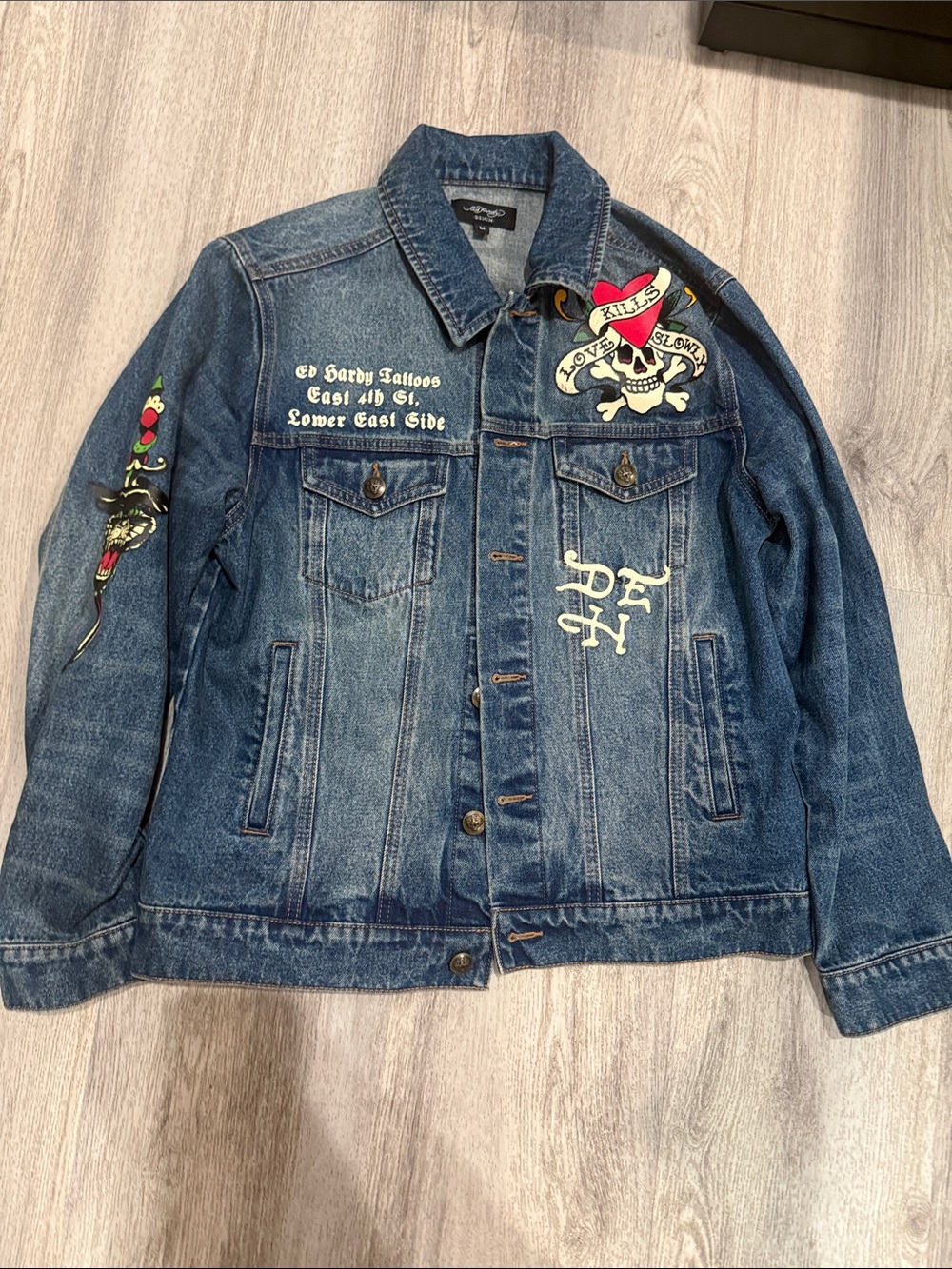 NWT Ed Hardy Blue Denim Jacket with Embroidered Skull & Heart Patches